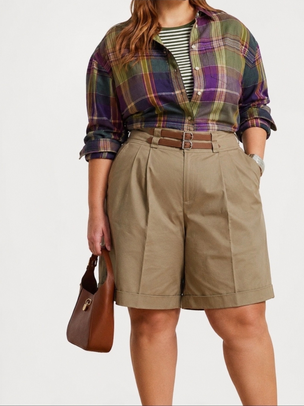 Lauren Ralph Lauren Double Belt High-Waist Tan Women’s Pleated Shorts Sz 20W NWT